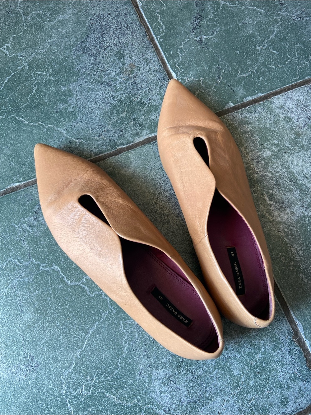 Zara Tan Pointed-Toe Cutout Leather Flats - Picture 2 of 6